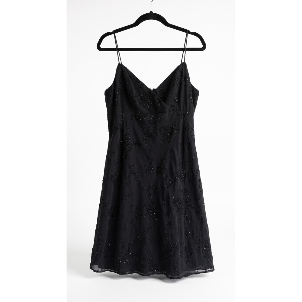 JSC Vintage 90s Black Beaded Floral Mini Dress Spaghetti Strap Size 14 Wrap Neck